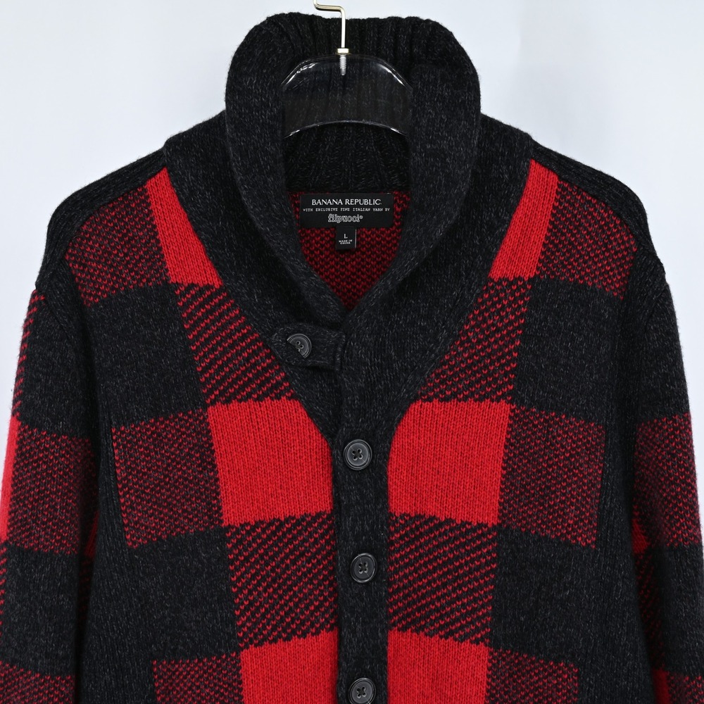 Banana Republic Buffalo Plaid Shawl Collar Cardigan Mens Large Red Black Merino - Picture 4 of 14